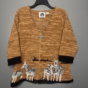 Storybook Knits Hand Knit Womens Large Cardigan Sweater Zebra Giraffe Zoo Animal